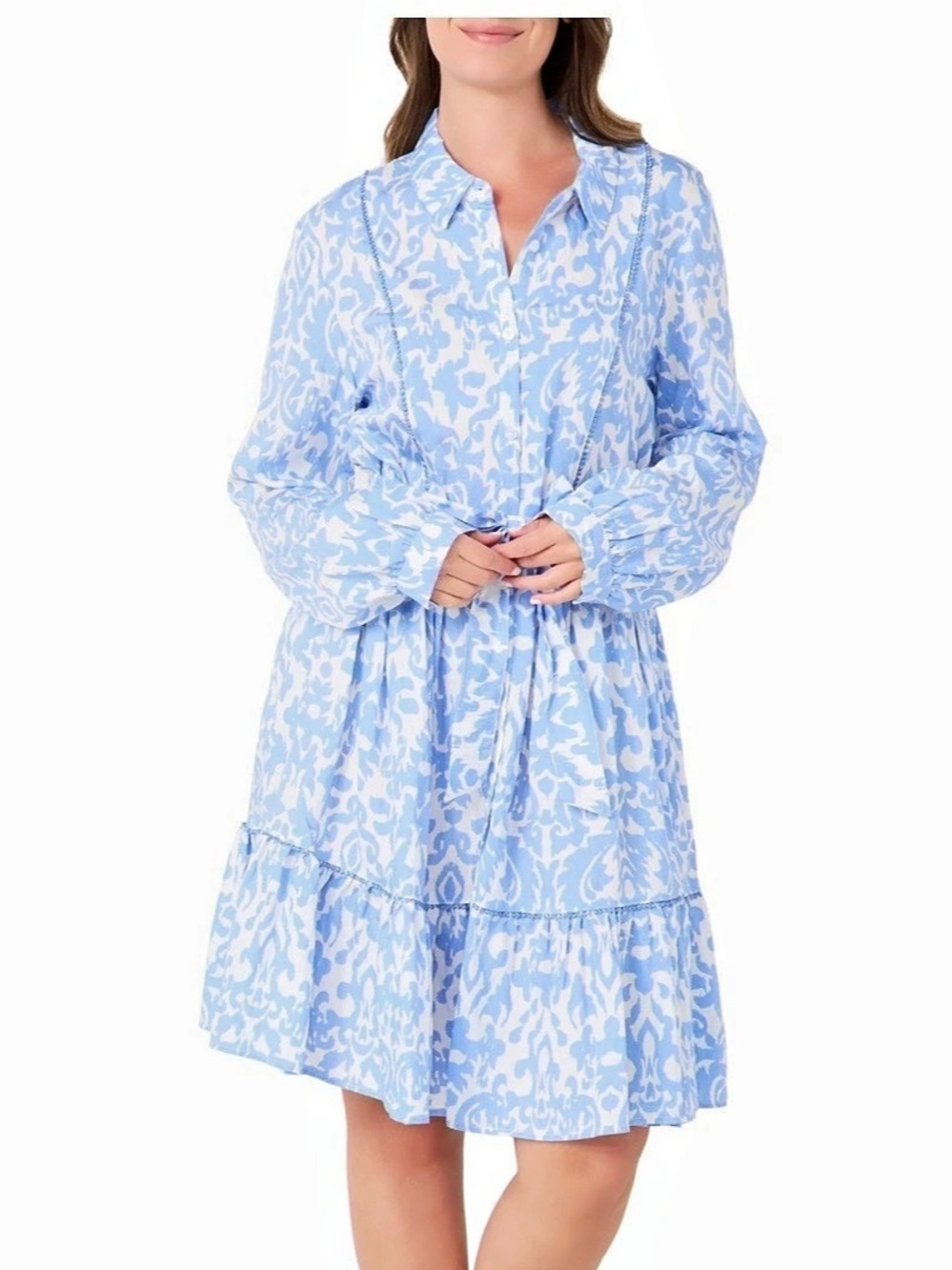 NWT Ellen Tracy Long Sleeve Button Front Dress Blue & White Midi sizes XS & S
